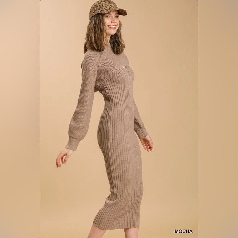 Elegant Tan Ribbed 2 Piece Knit Dress - Picture 3 of 5
